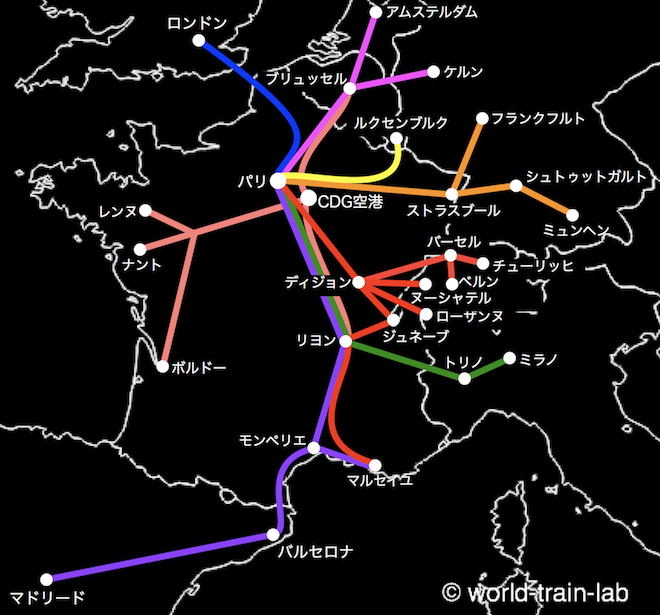 パリからの国際列車路線図