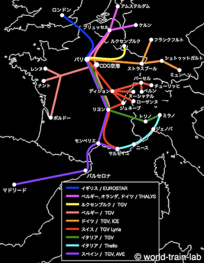 フランスの国際列車 運行路線図