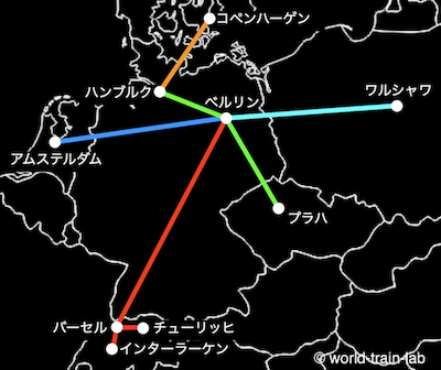 ベルリンからの国際列車路線図
