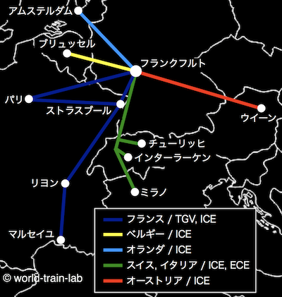 フランクフルトからの国際列車路線図