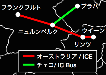ニュルンベルクからの国際列車路線図