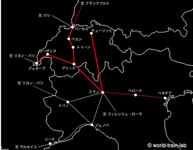 スイス - イタリア EC 運行路線図