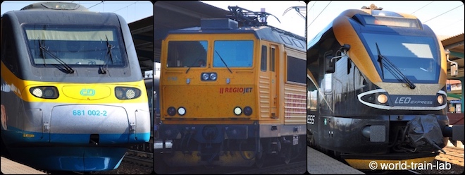 特急列車 Supercity, 中 : 私鉄特急 REGIO JET, 右 : 私鉄特急 LEO EXPRESS
