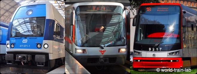 プラハの近郊列車, 中 : プラハの地下鉄, 右 : プラハのトラム