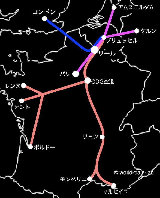 リールからの国際列車路線図