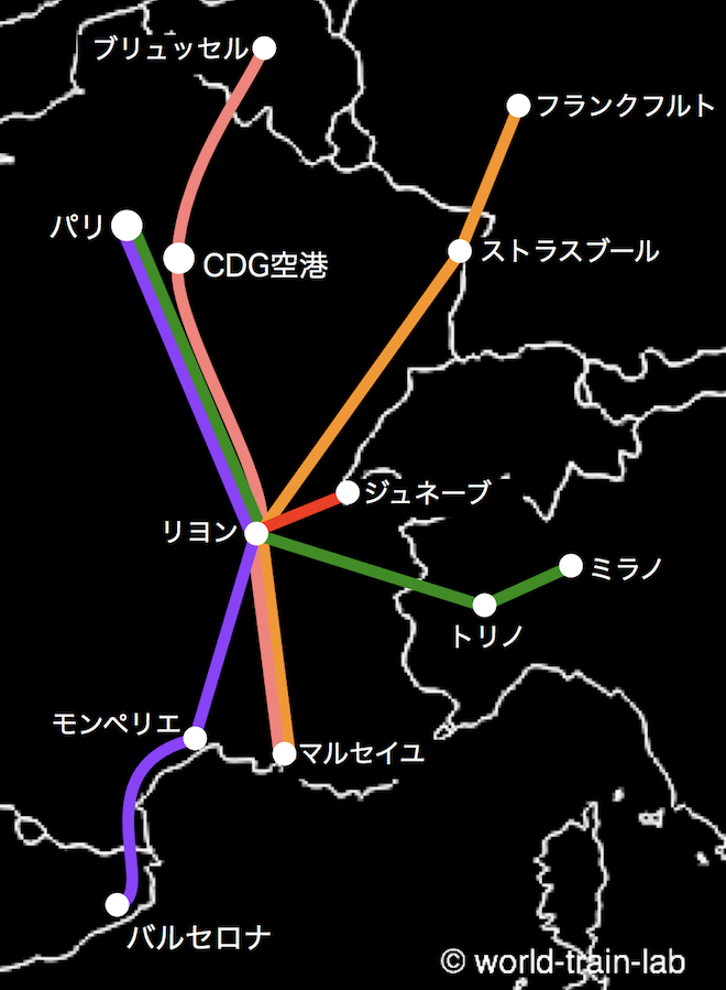 リヨンからの国際列車路線図