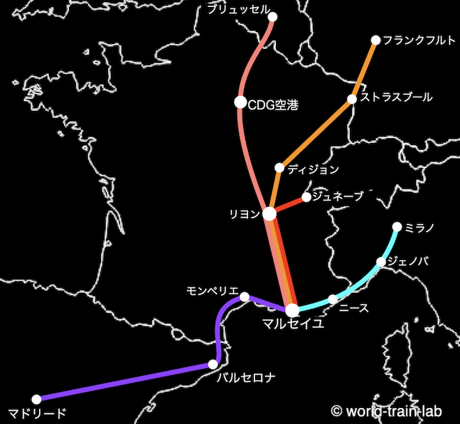 マルセイユからの国際列車路線図