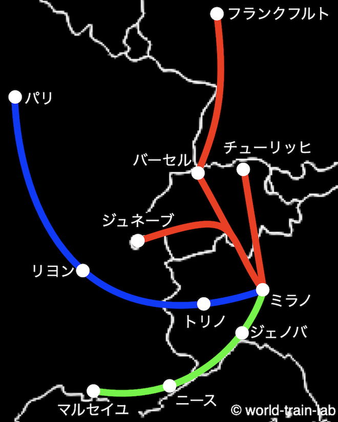 ミラノからの国際列車路線図