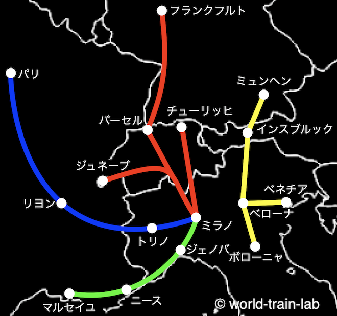 イタリアからの国際列車路線図