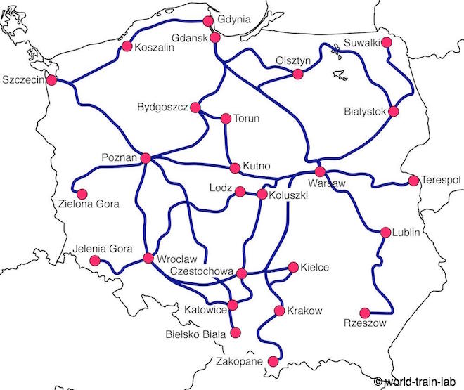 ポーランド国鉄の路線図
