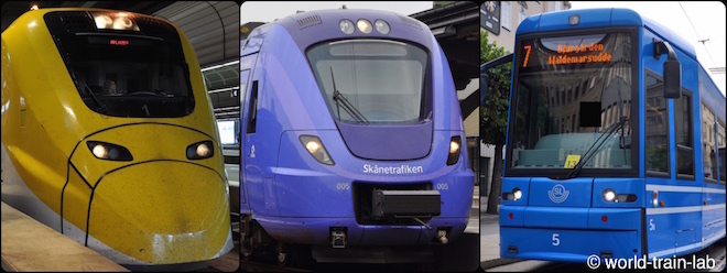 ストックホルムの空港特急, 中 : マルメの近郊列車, 右 : ストックホルムのトラム